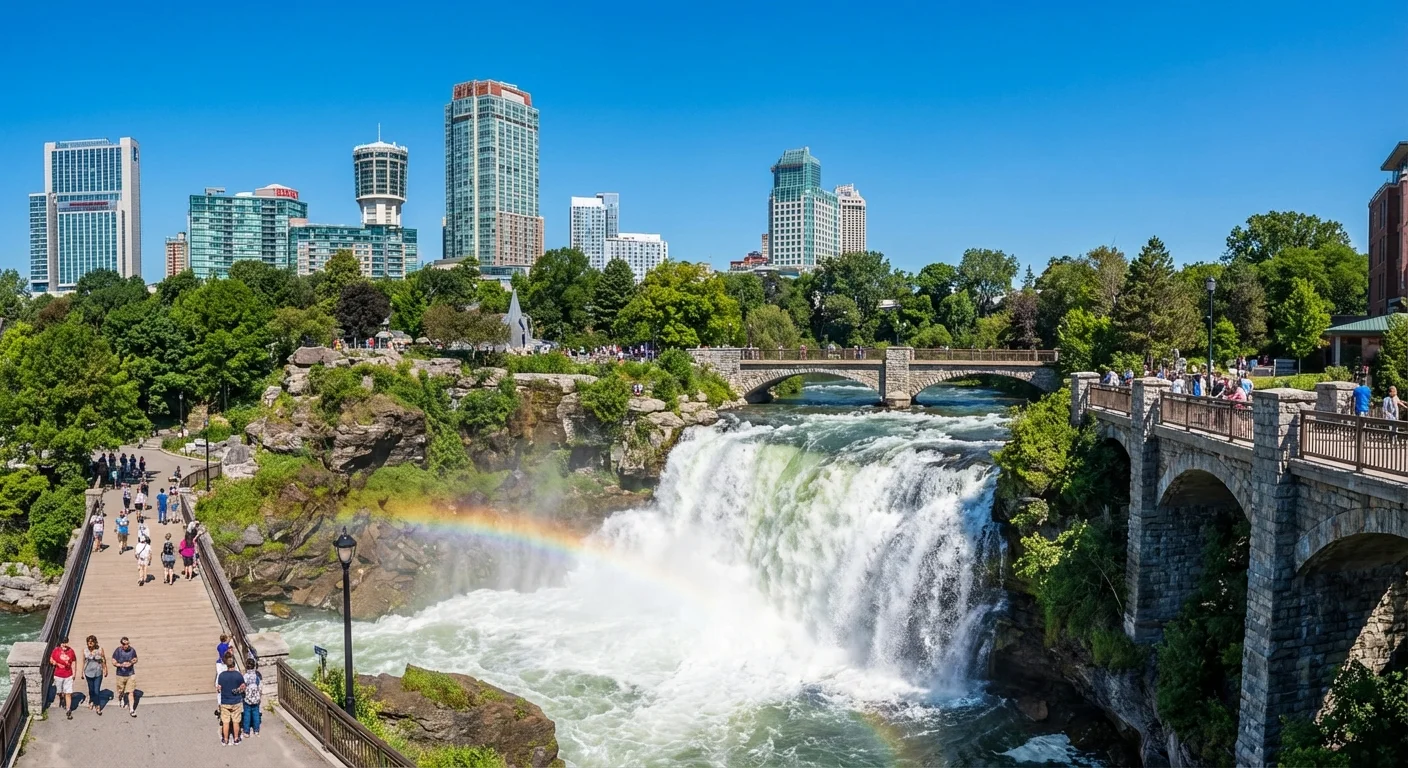 A large waterfall in the middle of a clean city park.