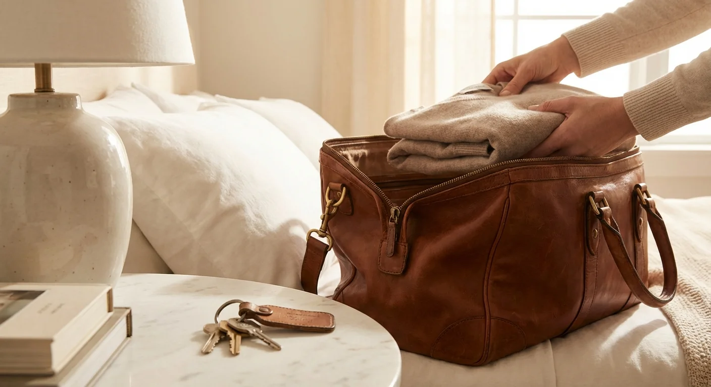 A leather bag being packed in a sunlit room, symbolizing a lifestyle transition.