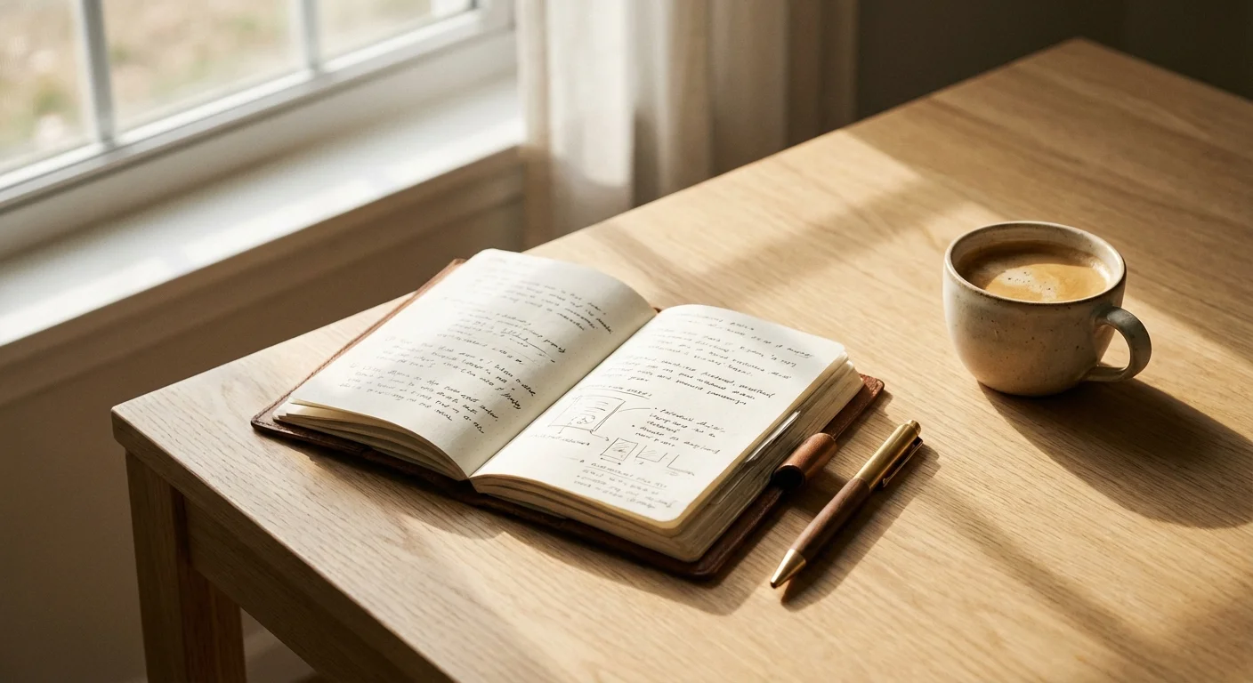 A leather journal and coffee cup on a wooden table in soft light.