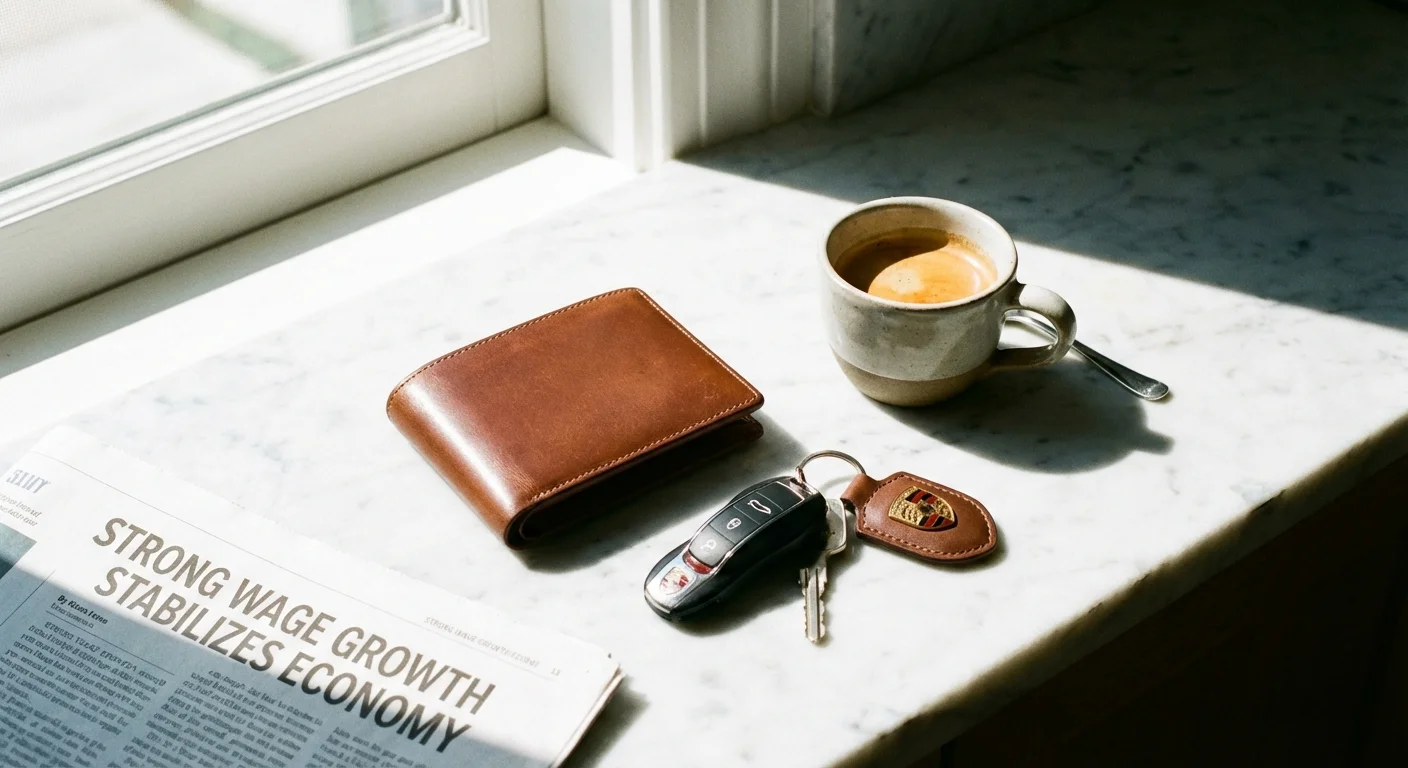 A leather wallet and car keys on a luxury marble surface.