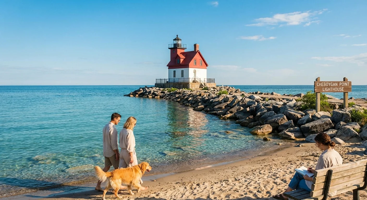 A lighthouse stands on the clear freshwater shores of Cheboygan, Michigan.