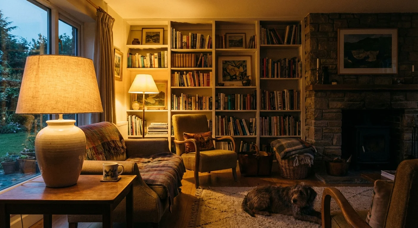 A living room lamp glowing warmly at dusk.