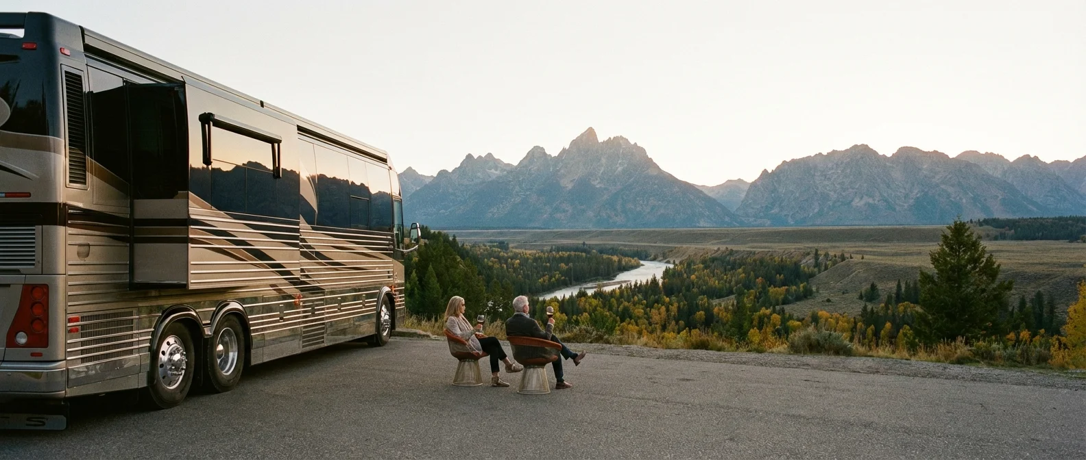 A luxury motorhome parked at a scenic mountain overlook with a retired couple.