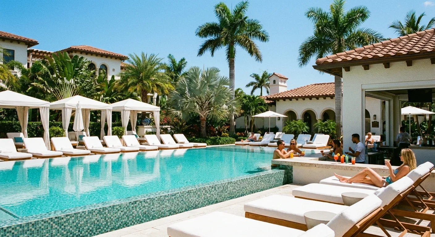 A luxury poolside patio with palm trees under a bright blue Florida sky.