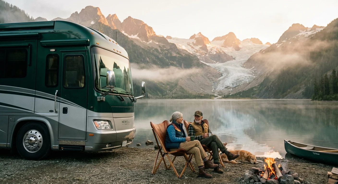 A luxury RV parked by a scenic lake with a senior couple enjoying the sunrise.