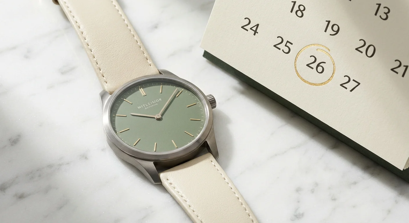 A luxury watch and a calendar on a marble surface.