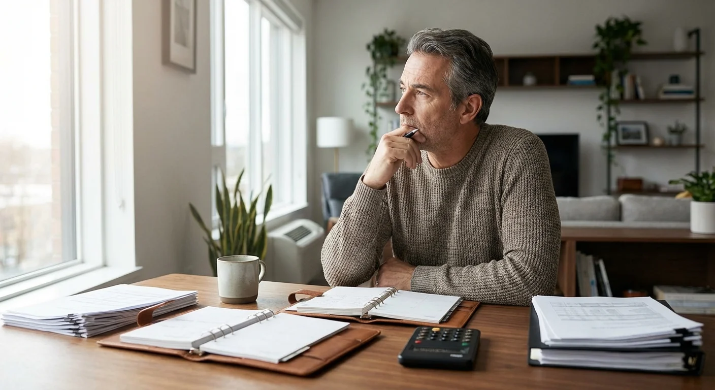 A man at a desk pensively calculating his future retirement expenses.