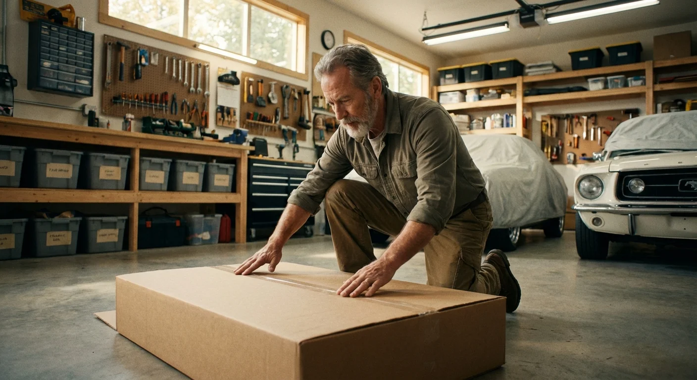 A man breaking down cardboard boxes in his garage.