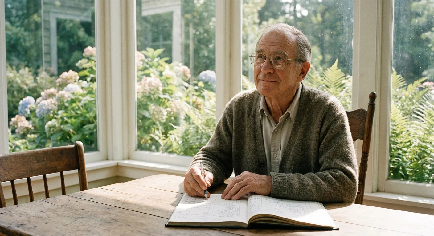 A man calmly reviewing his finances in a bright, peaceful sunroom.