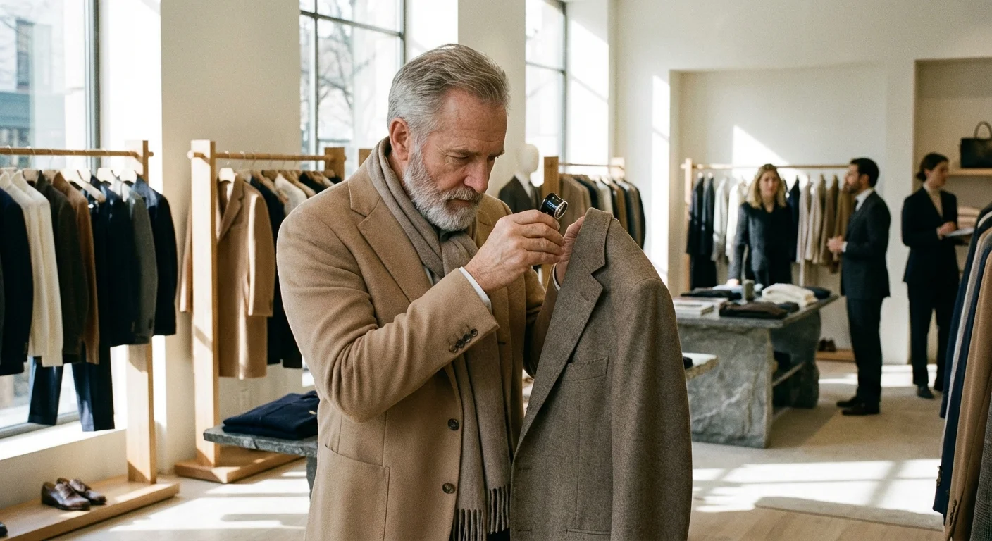 A man carefully checking the fabric quality of clothing on a retail rack.