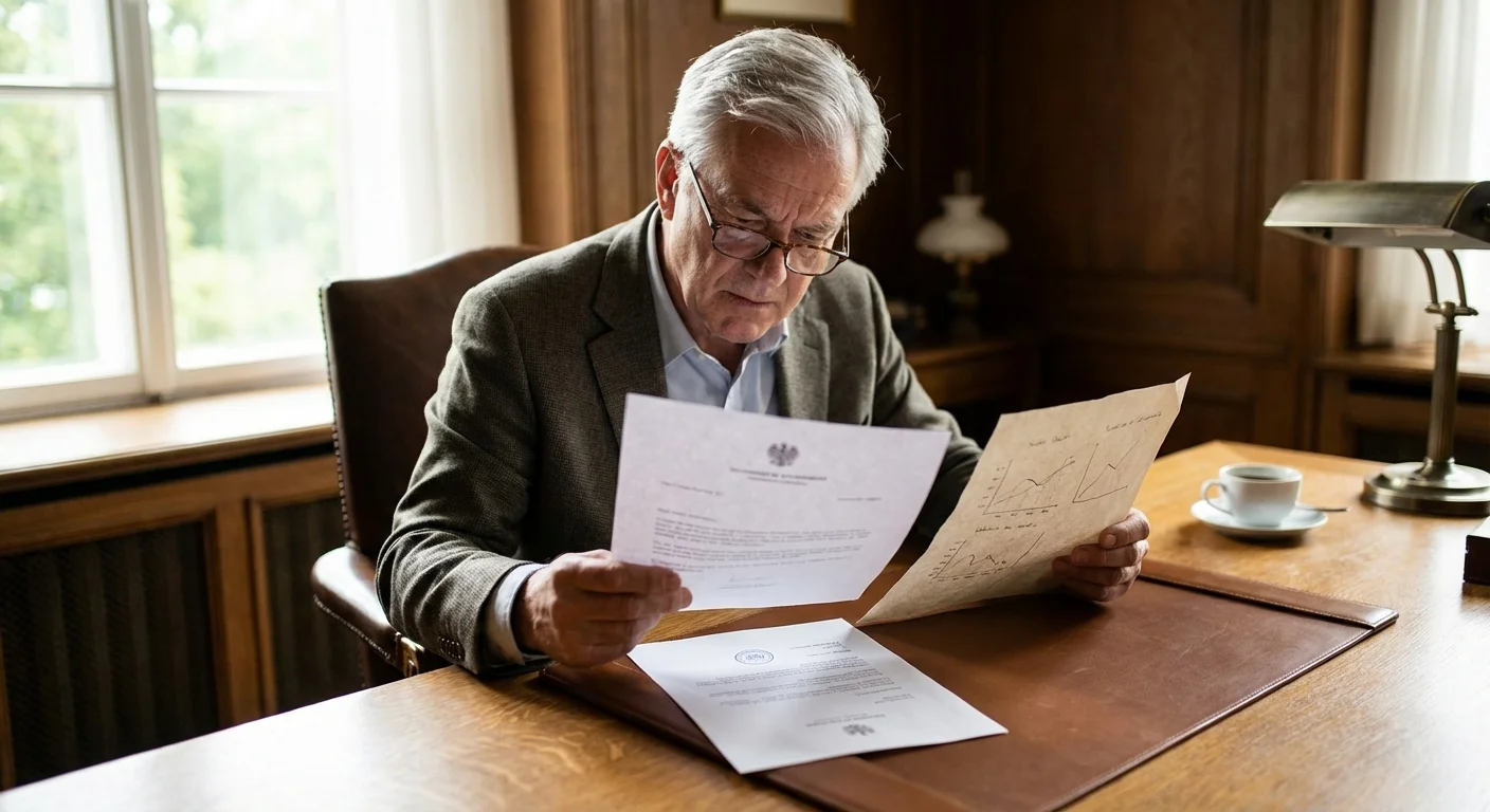 A man carefully comparing two documents side-by-side on a desk.