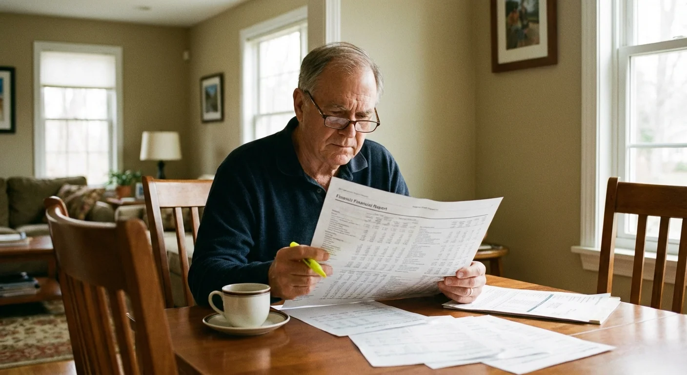 A man carefully reviewing documents at a sunlit table.