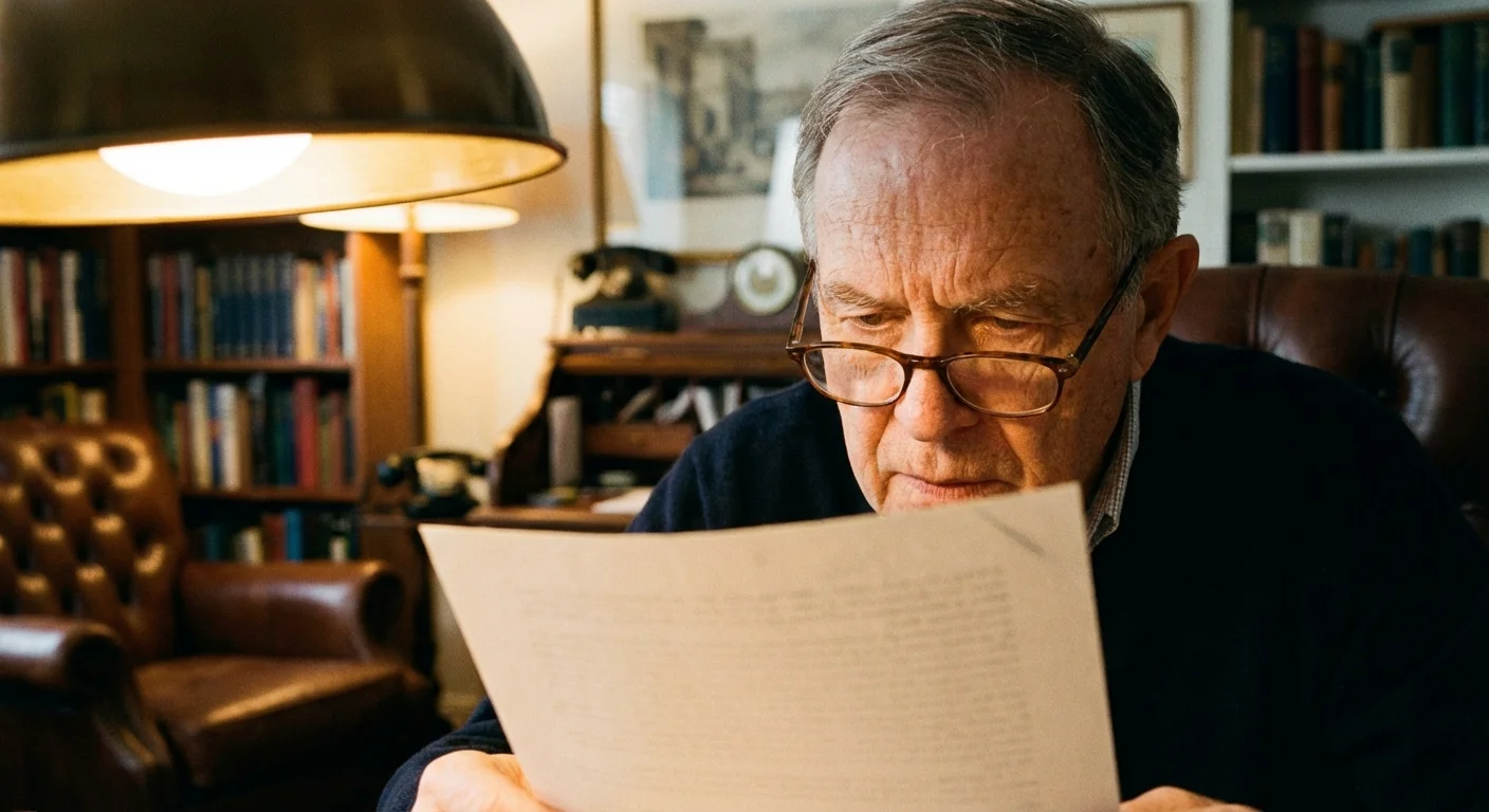 A man carefully reviews a financial statement with reading glasses.