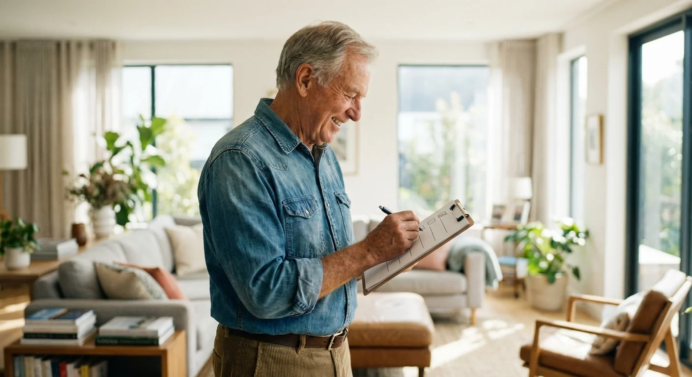 A man checking off items on a list in a bright, modern room.