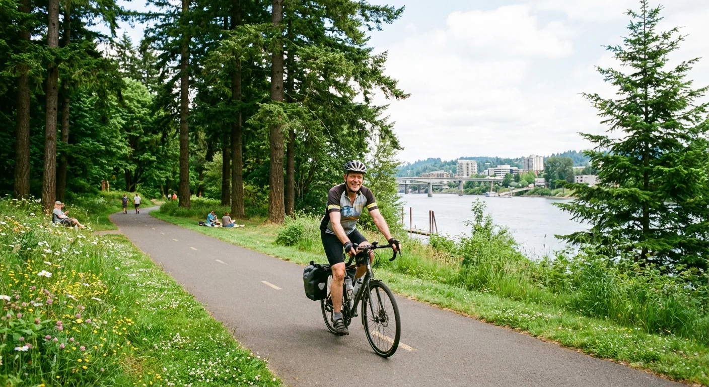 A man cycling through a lush green park by the river in Milwaukie.