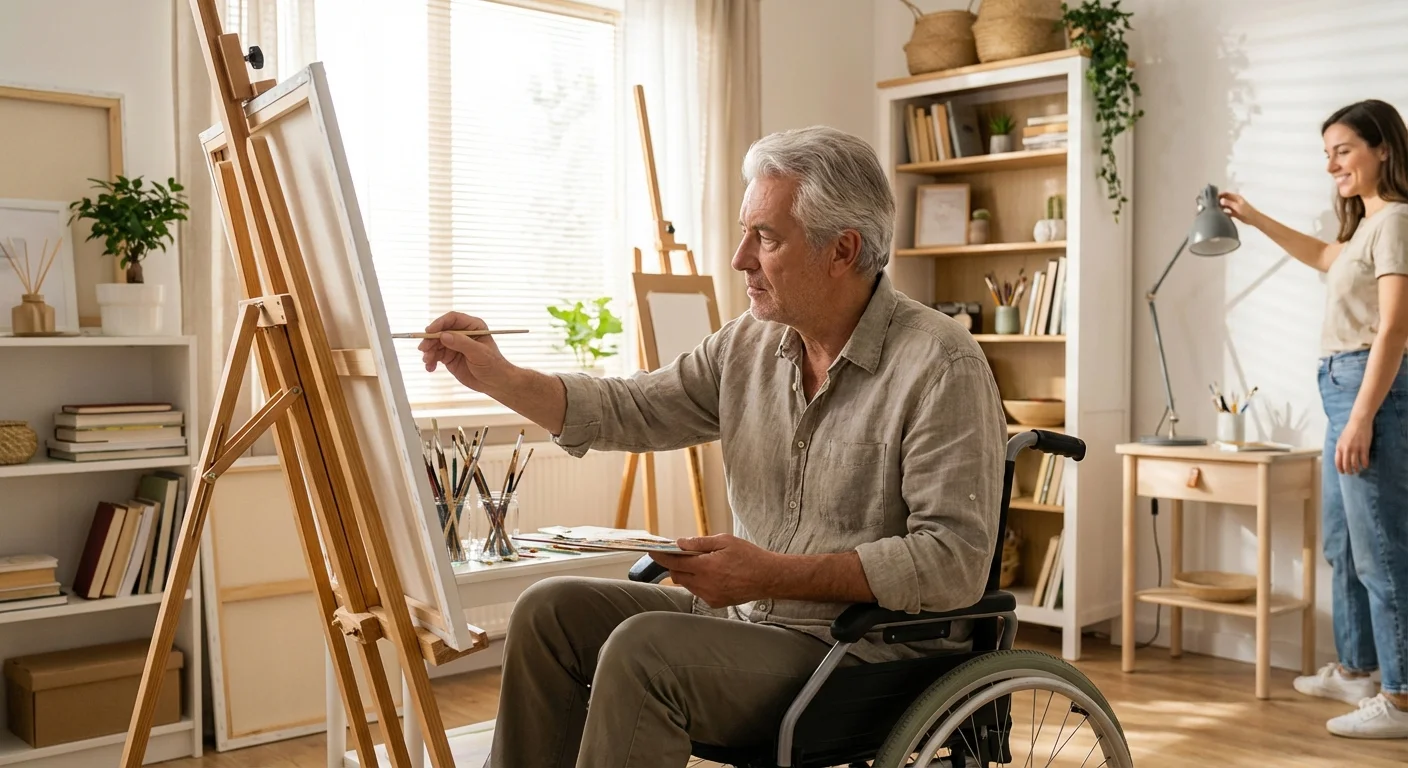 A man engaging in a creative hobby in a bright, comfortable home studio.