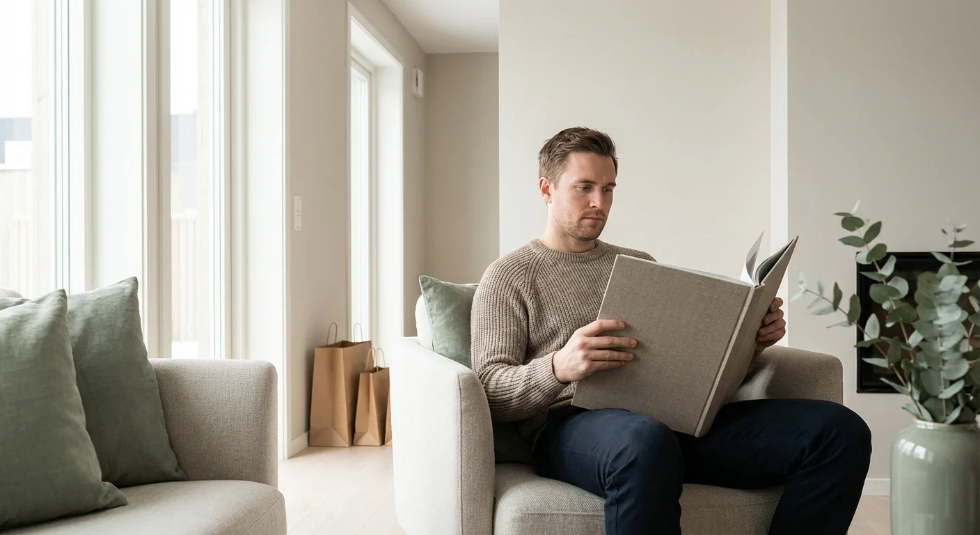 A man enjoying a quiet moment in a minimalist, clutter-free living room.