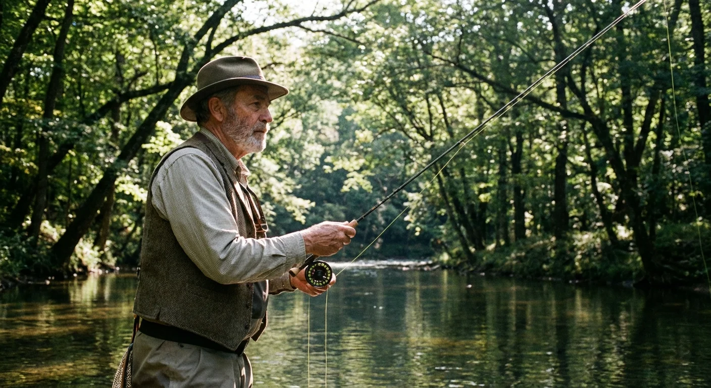 A man fly-fishing in a serene Arkansas river surrounded by trees.