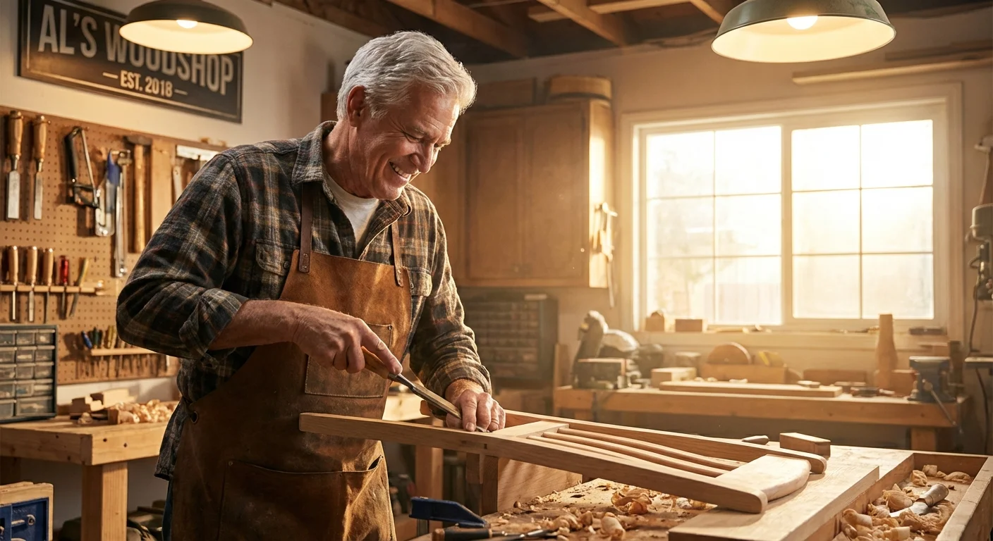 A man happily working on a woodworking project in his home workshop.