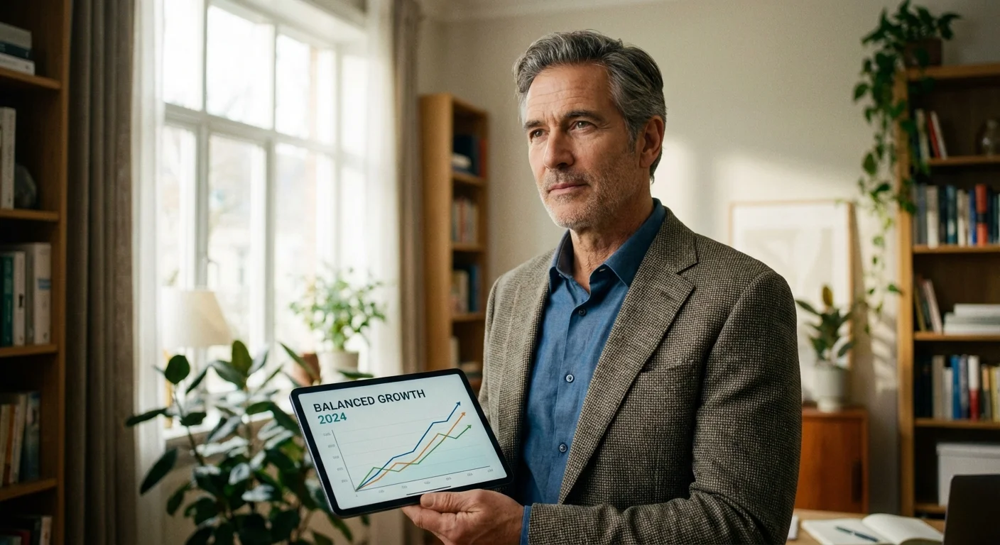 A man in a home office examines a balanced investment chart on a tablet.