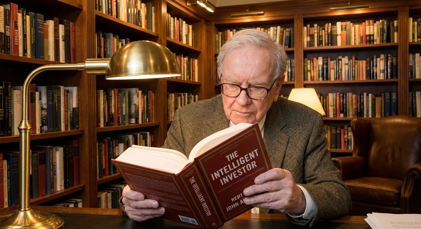 A man in a study reading a book about personal finance.