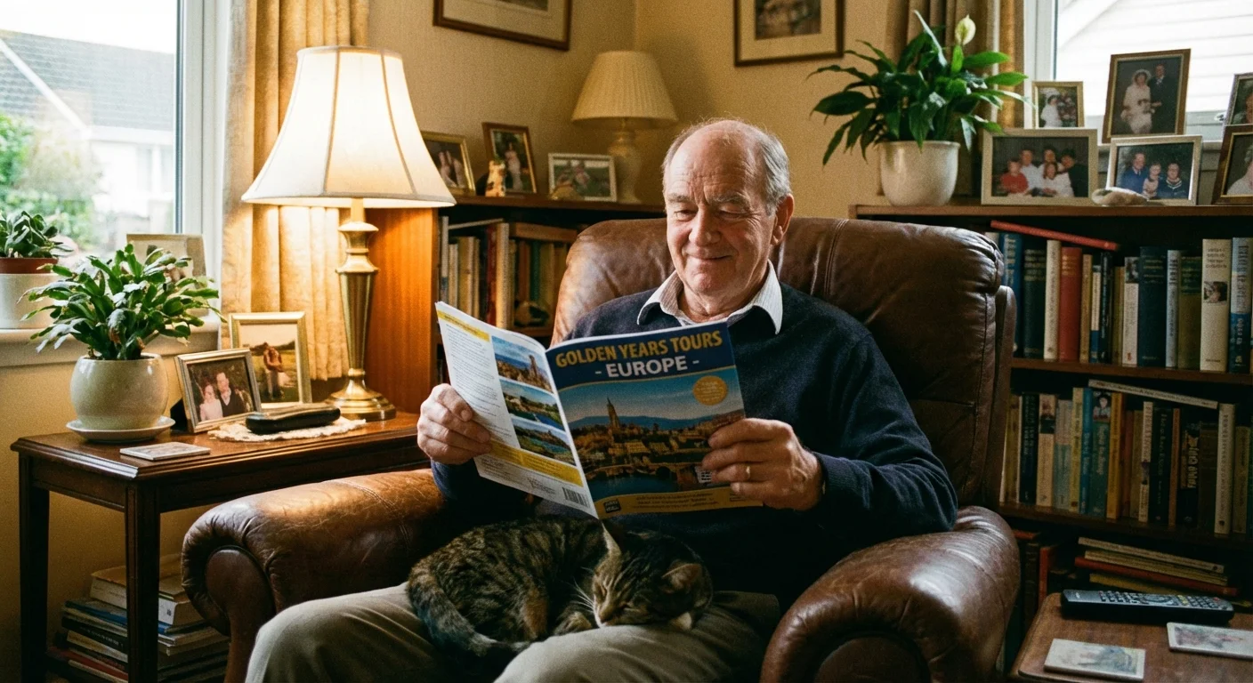 A man in an armchair reading a brochure in a cozy, well-lit room.