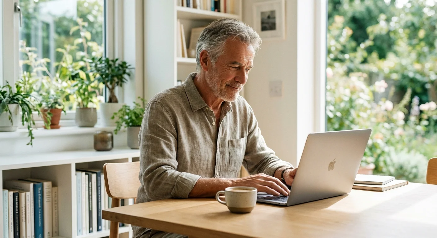 A man in his 60s confidently managing his retirement contributions on a laptop in a bright home office.
