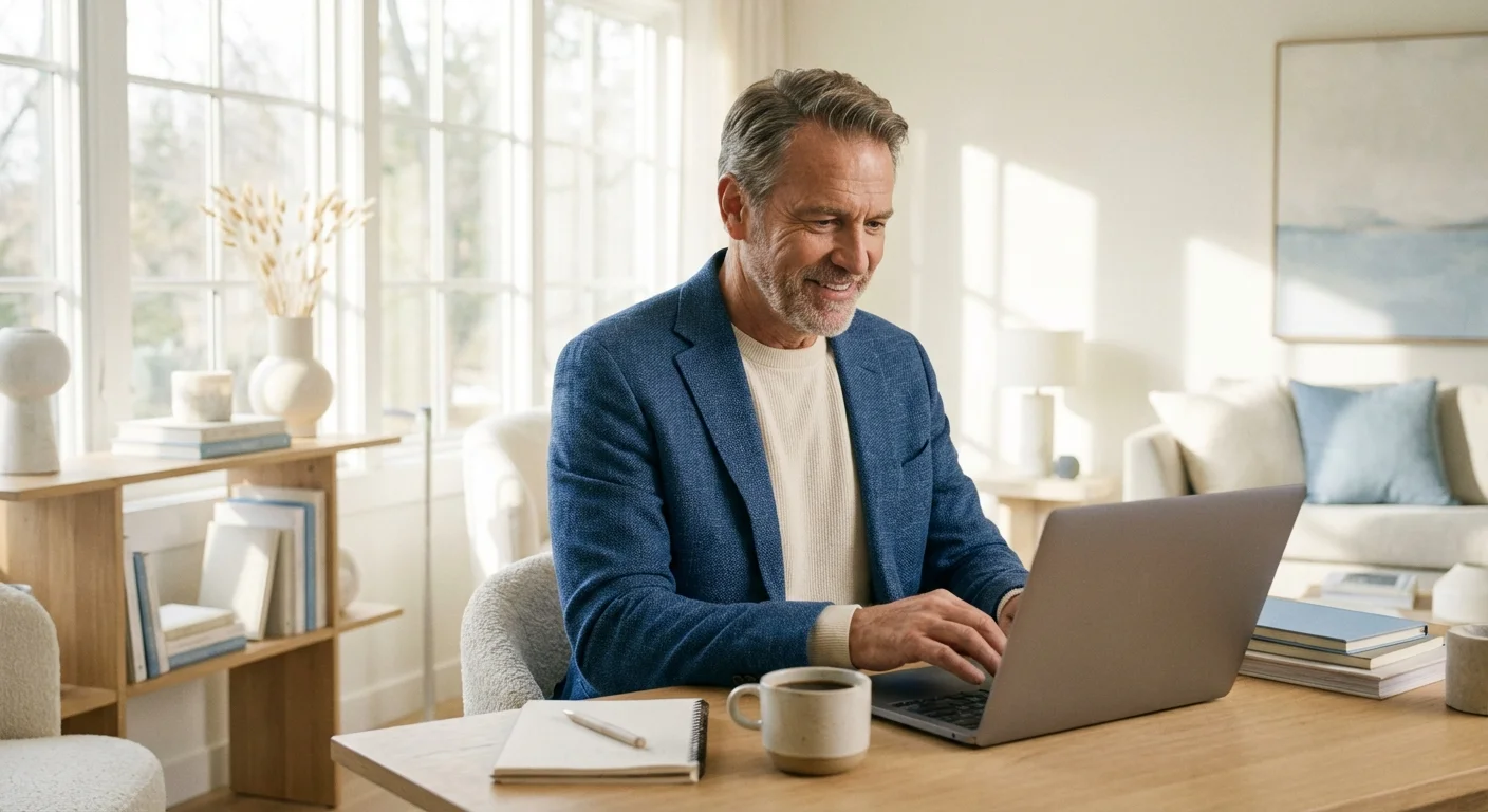 A man in his 60s working diligently at a laptop in a bright, modern home office.