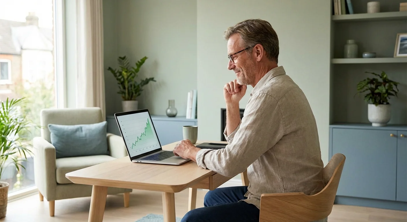 A man in his late 50s analyzing investment growth on his laptop in a bright office.