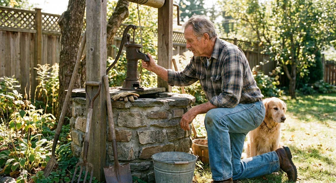 A man inspecting a water pump system in a sunny outdoor setting.