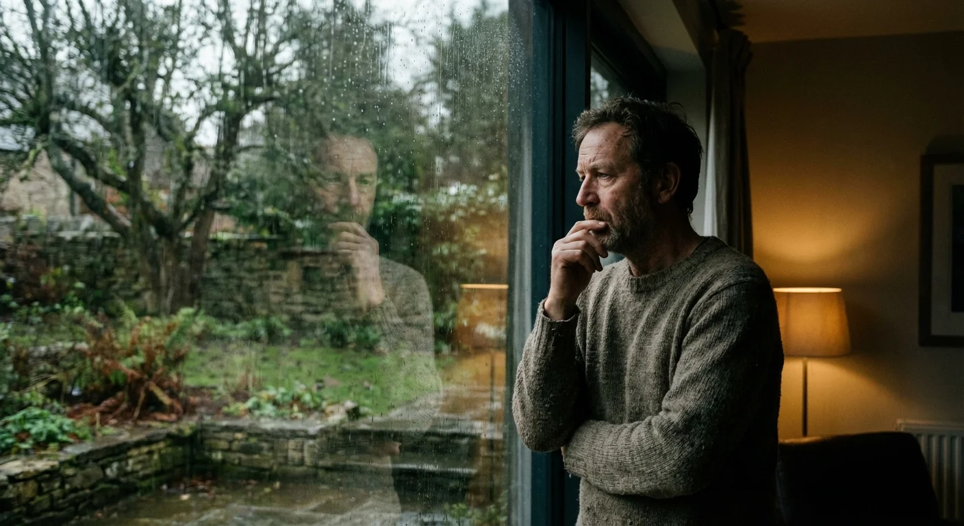 A man looking out a window thoughtfully, representing careful consideration.