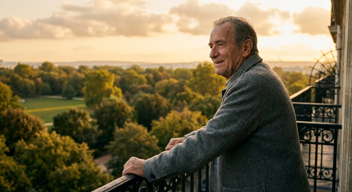 A man looking out from a balcony during a golden sunset.