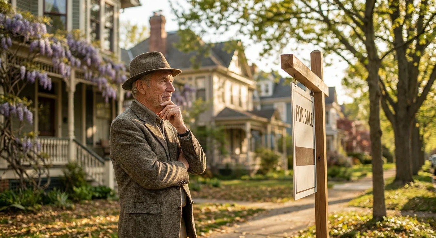 A man looking thoughtfully at a house in a sunny residential neighborhood.