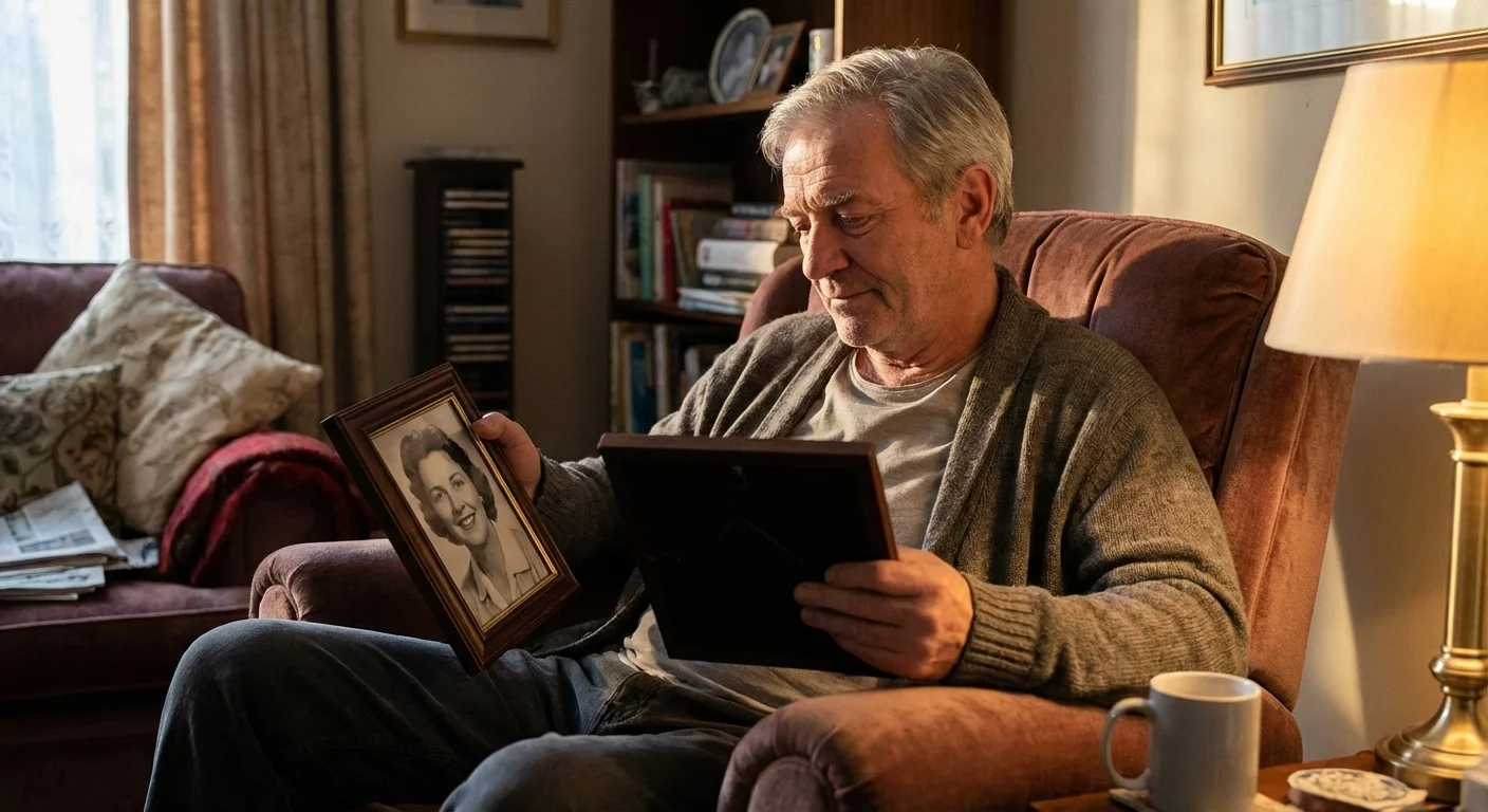 A man looking thoughtfully at an old photograph in a comfortable chair.