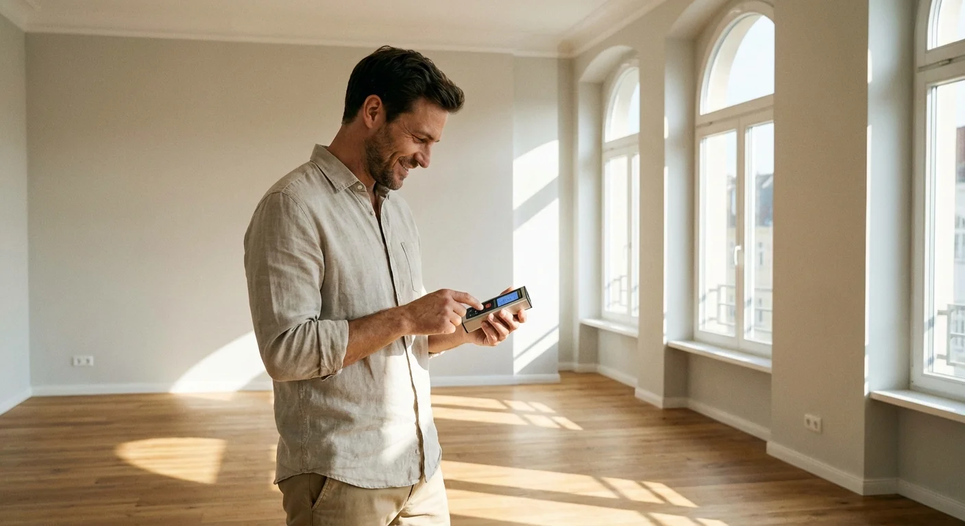 A man measuring an empty, sun-filled room with a laser tool.