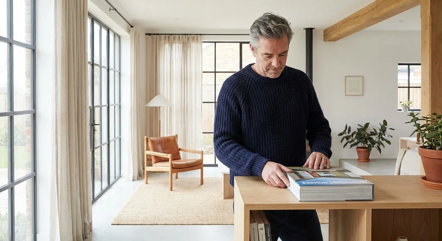 A man organizing books on a shelf in a bright, modern room.