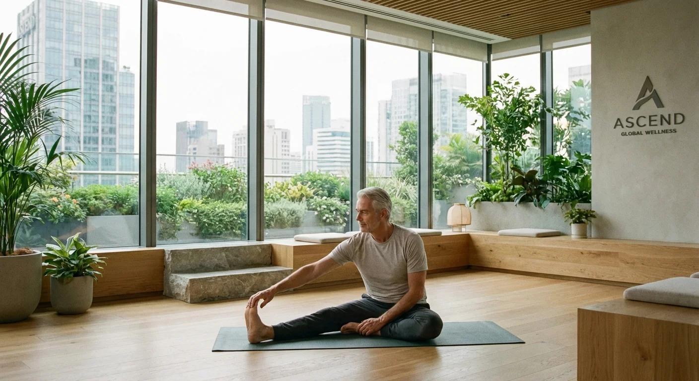 A man practicing yoga in a bright, modern corporate wellness center.