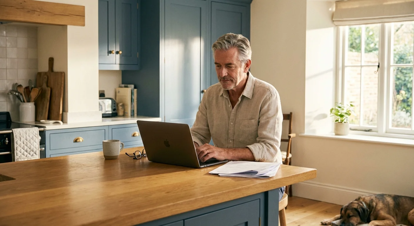 A man reviewing financial documents on a laptop in a sunlit kitchen.