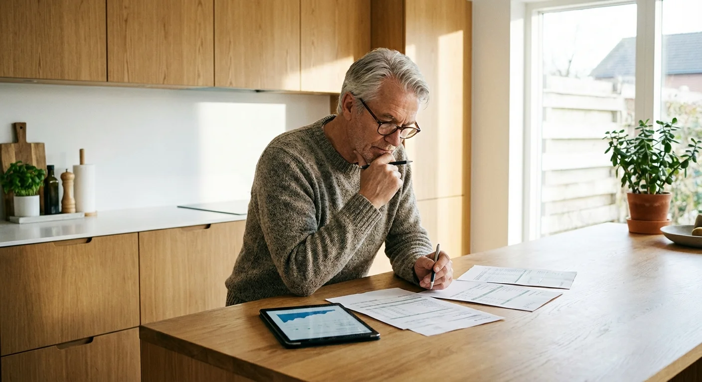 A man reviewing financial documents on a tablet in a modern kitchen.