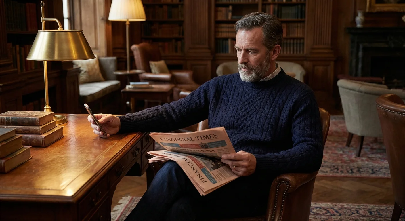 A man reviewing financial news in a library.