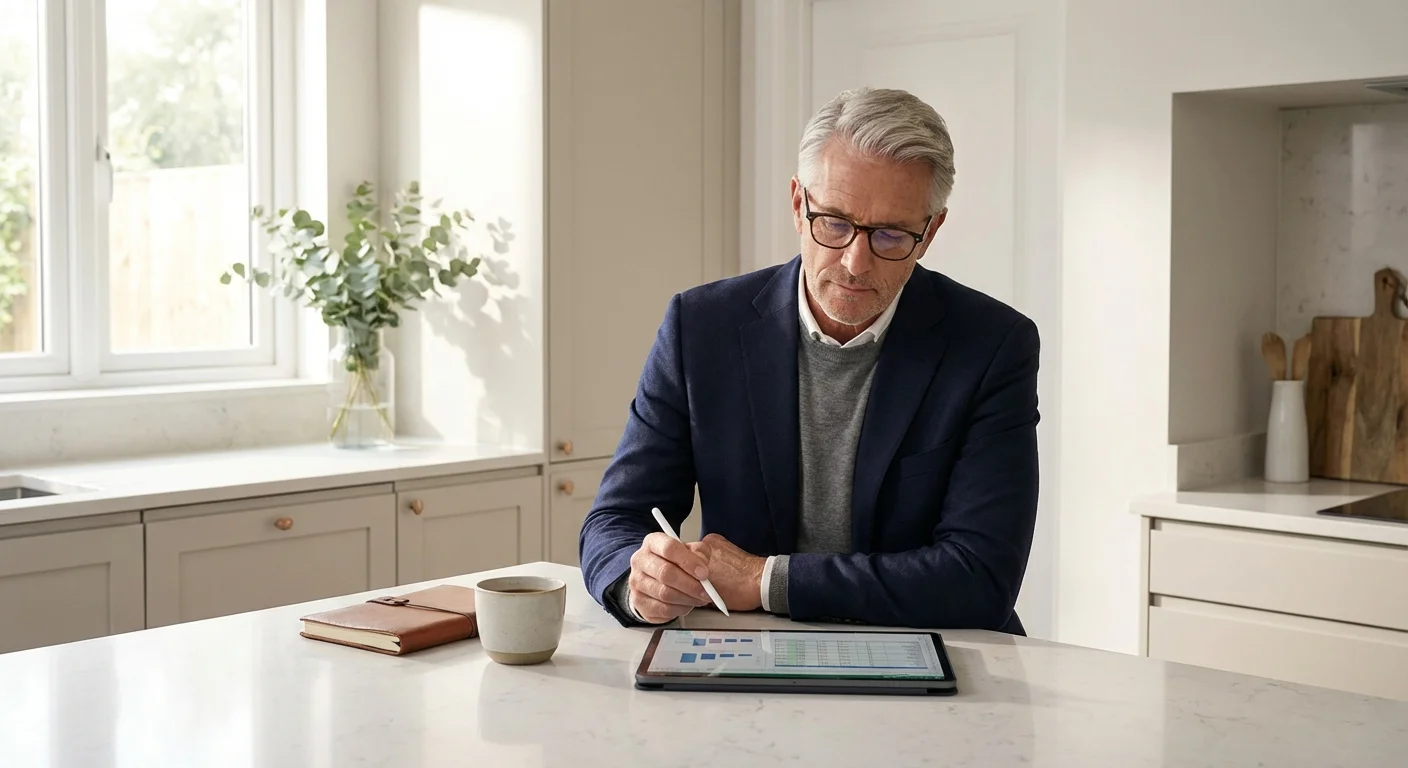 A man reviewing his retirement plans on a tablet in a bright kitchen.