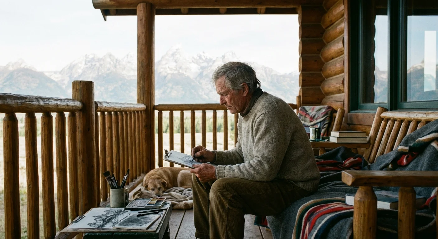 A man sketching mountains from a balcony in Wyoming.