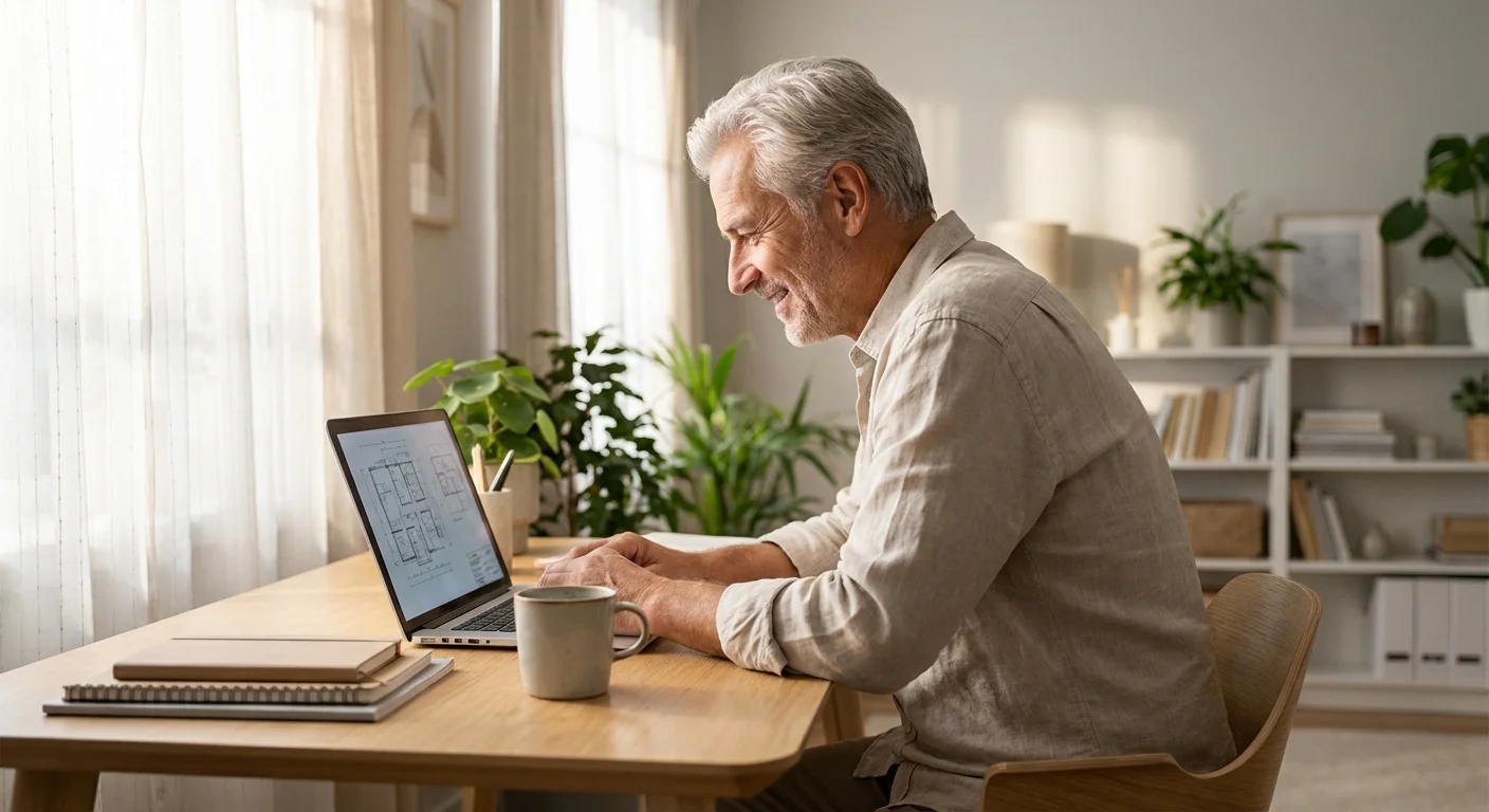 A man smiling at his laptop in a bright home office, representing smart financial management.