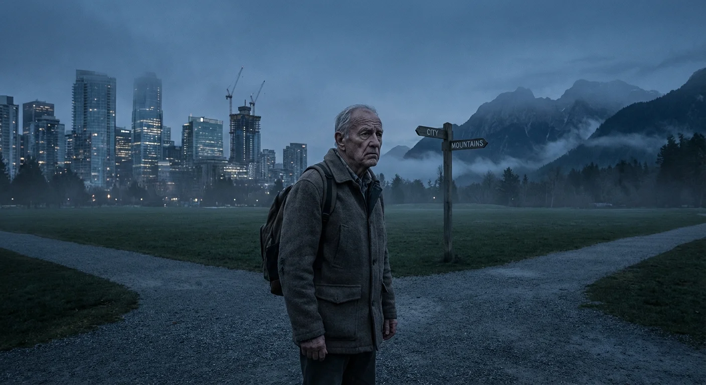 A man standing in a park contemplating two different lifestyle paths.