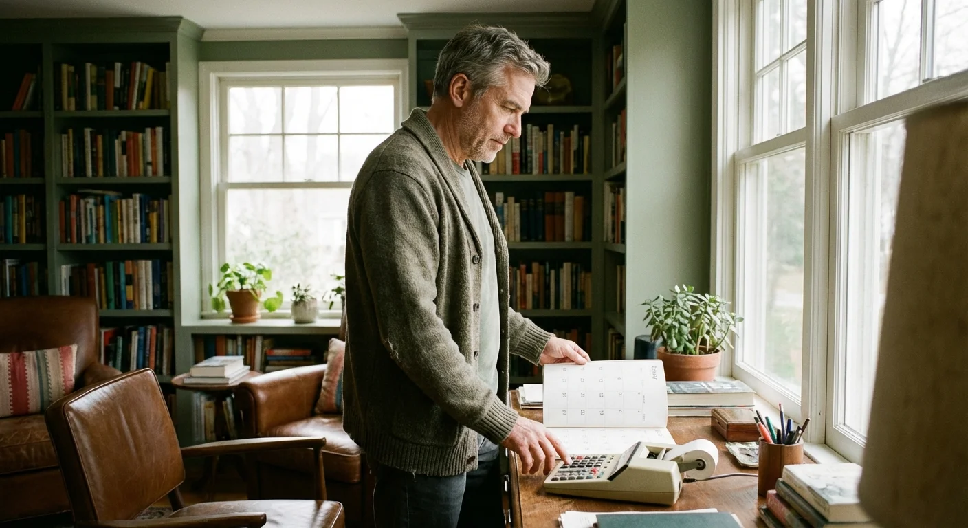 A man thoughtfully examines a calendar and calculator near a window.