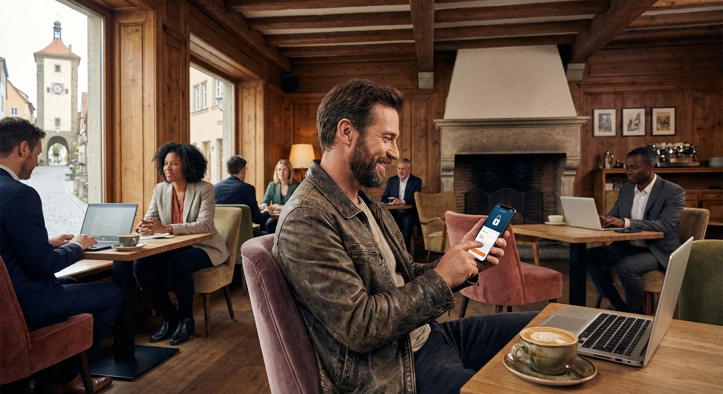A man using a banking app on his phone at a scenic outdoor cafe.