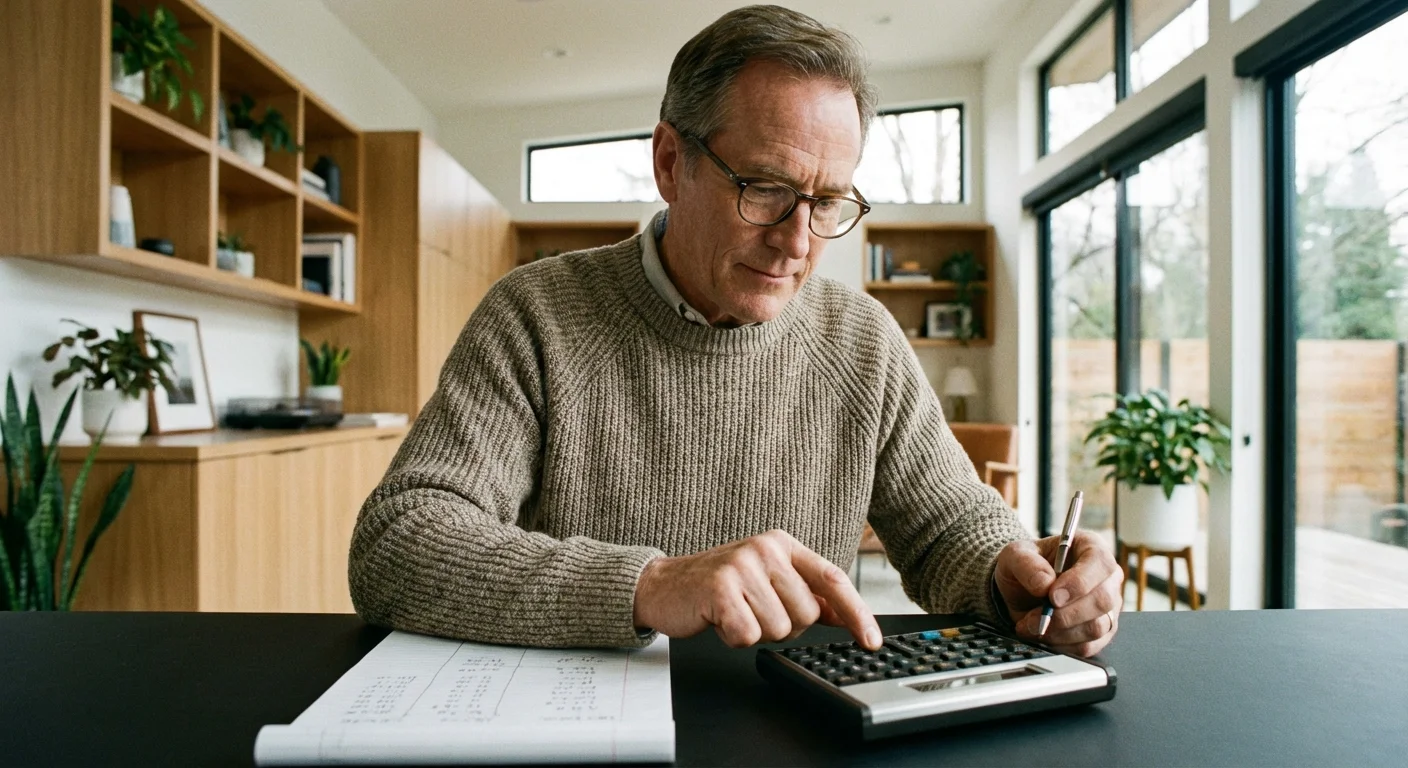 A man using a calculator and notepad in a bright home office.