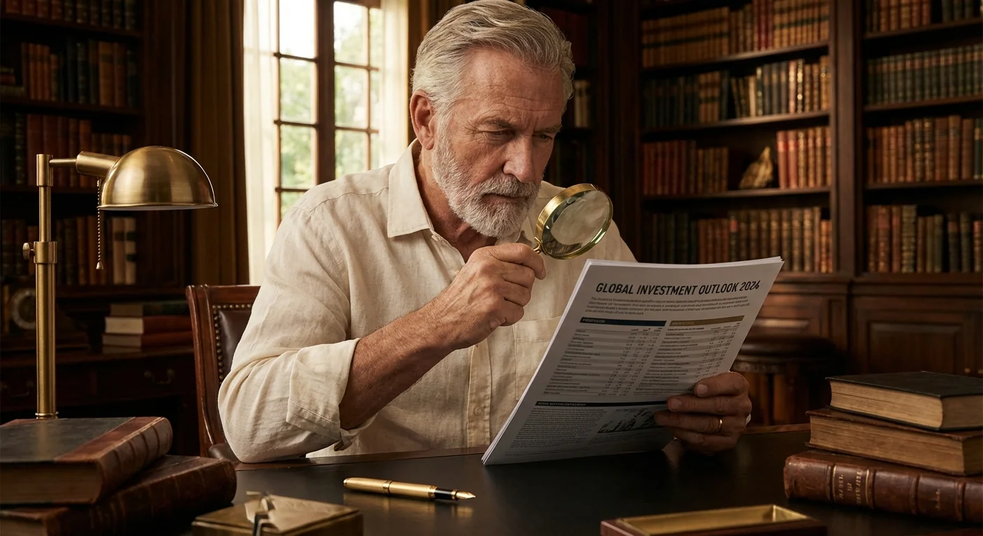 A man using a magnifying glass to examine financial documents in a library.