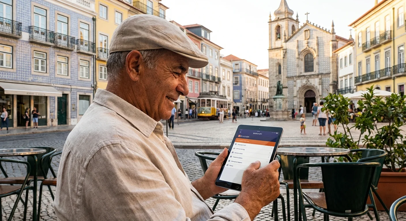 A man using a tablet at a charming outdoor cafe in a European square.