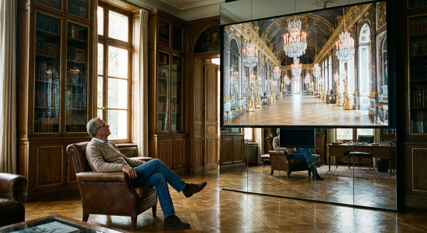 A man viewing the Hall of Mirrors at the Palace of Versailles on a large screen at home.